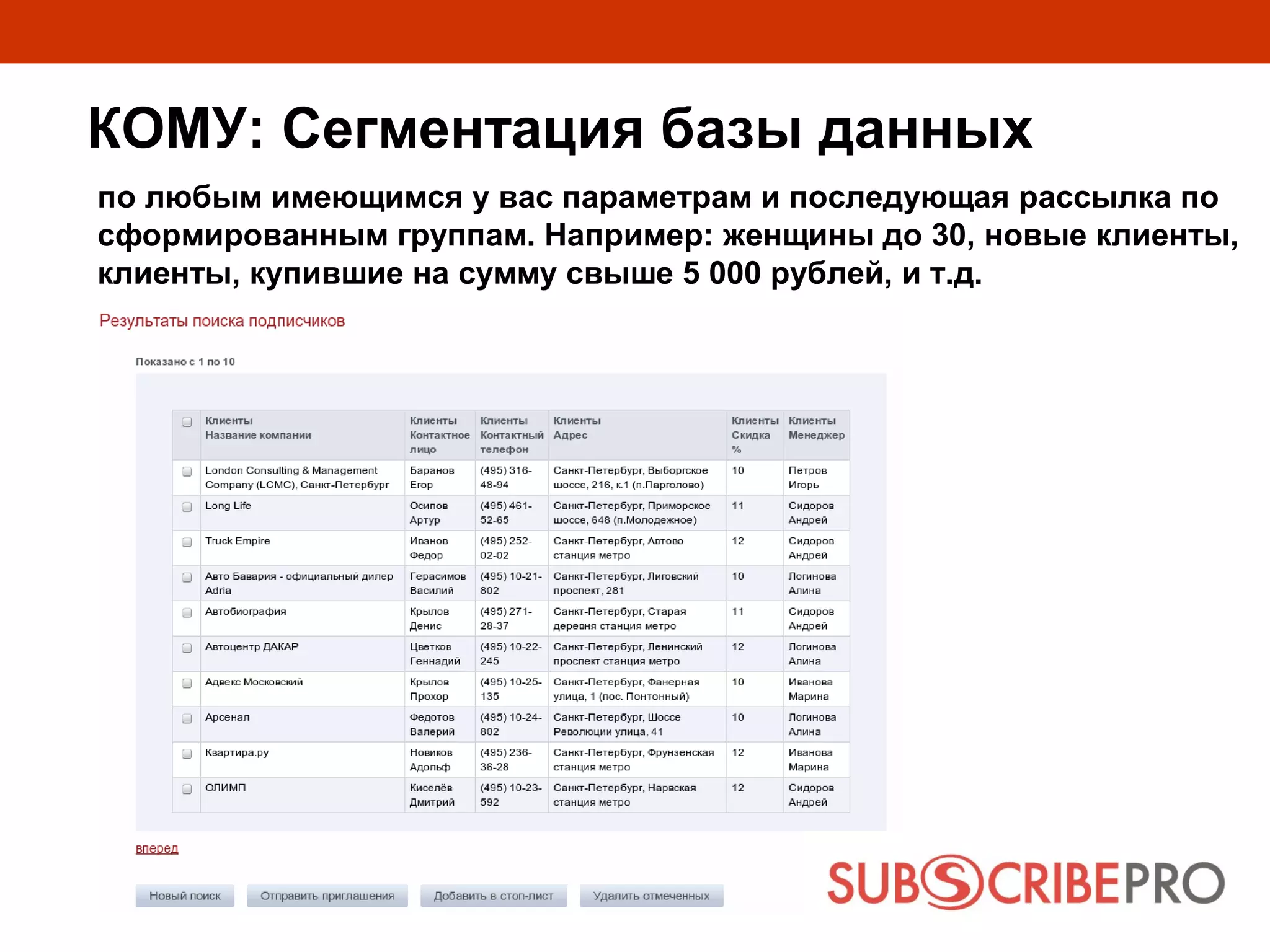 КОМУ: Сегментация базы данных
по любым имеющимся у вас параметрам и последующая рассылка по
сформированным группам. Например: женщины до 30, новые клиенты,
клиенты, купившие на сумму свыше 5 000 рублей, и т.д.
 