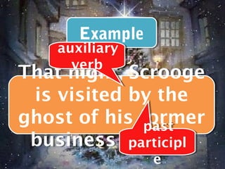 Example
       Example
    auxiliary
    auxiliary
      verb
      verb
That night, Scrooge
 is visited by the
ghost of his former
              past
              past
 business partner
            participl
            participl
                 e
                 e
 