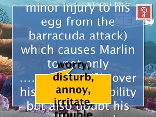 minor injury to his
 minor injury to his
    egg from the
    egg from the
 barracuda attack)
  barracuda attack)
which causes Marlin
which causes Marlin
     toworry,
     to not only
         not only
       worry,
………………(3) over
      disturb,
………………(3) over
      disturb,
       annoy,
        annoy,
his swimming ability
his swimming ability
      irritate,
       irritate,
 but also doubt his
 but also doubt his
 
