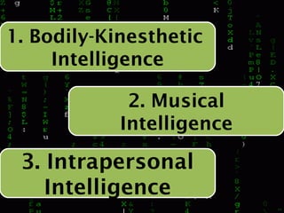 1. Bodily-Kinesthetic
1. Bodily-Kinesthetic
     Intelligence
     Intelligence

             2. Musical
             2. Musical
            Intelligence
            Intelligence

 3. Intrapersonal
 3. Intrapersonal
    Intelligence
    Intelligence
 