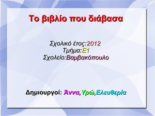 Το βιβλίο που διάβασα

       Σχολικό έτος:2012
           Τμήμα:Ε1
     Σχολείo:Βαμβακόπουλο




Δημιουργοί: Άννα,Υρώ,Ελευθερία
 