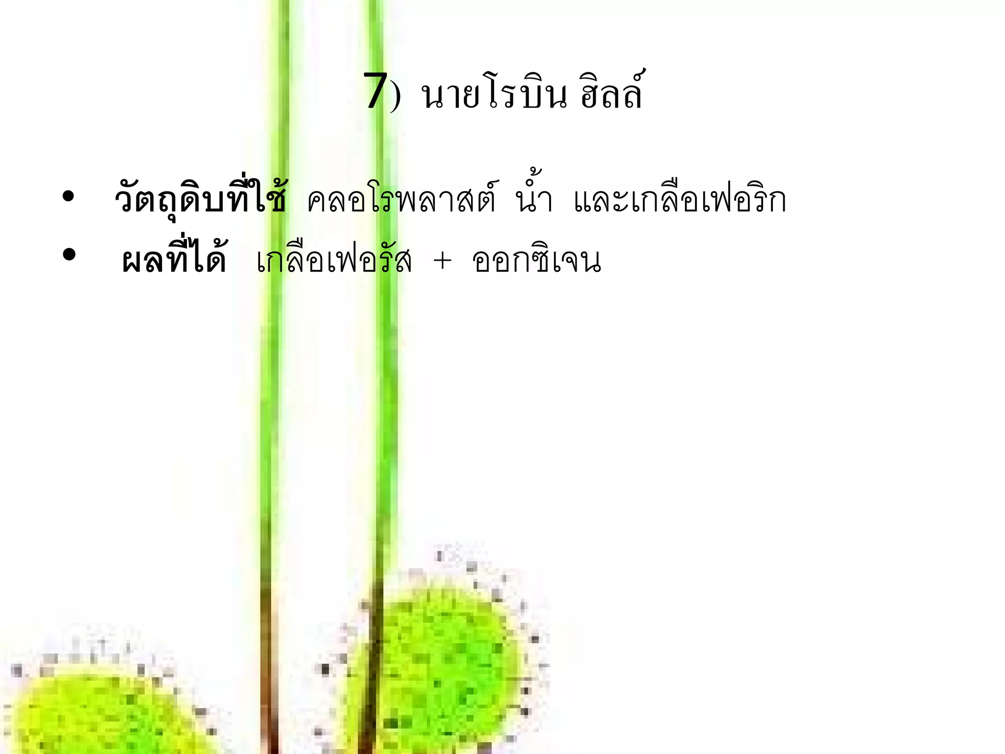 7) นายโรบิน ฮิลล์
• วัตถุดบที่ใช้ คลอโรพลาสต์ นํ ้า และเกลอเฟอริก
        ิ                               ื
• ผลที่ได้ เกลือเฟอรัส + ออกซเจน
                             ิ
 