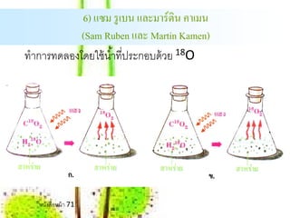6) แซม รู เบน และมาร์ติน คาเมน
            (Sam Ruben และ Martin Kamen)
ทําการทดลองโดยใช้ นํ ้าที่ประกอบด้ วย 18O




   หนงสือหน้า 71
     ั
 
