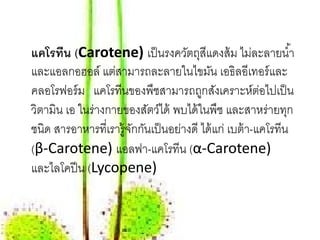 แคโรทีน (Carotene) เป็ นรงควัตถุสีแดงส้ ม ไม่ละลายนํ ้า
และแอลกอฮอล์ แต่สามารถละลายในไขมัน เอธิลอีเทอร์ และ
คลอโรฟอร์ ม แคโรทีนของพืชสามารถถูกสังเคราะห์ตอไปเป็ น   ่
วิตามิน เอ ในร่างกายของสัตว์ได้ พบได้ ในพืช และสาหร่ายทุก
ชนิด สารอาหารที่เรารู้จกกันเป็ นอย่างดี ได้ แก่ เบต้ า-แคโรทีน
                       ั
(β-Carotene) แอลฟา-แคโรทีน (α-Carotene)
และไลโคปี น (Lycopene)
 