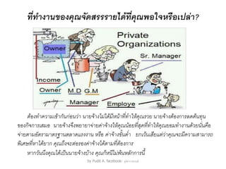 ที่ทางานของคุณจัดสรรรายได้ที่คุณพอใจหรือเปล่า?




    ต้องทาความเข้ากันก่อนว่า นายจ้างไม่ได้มีหน้าที่ทาให้คุณรวย นายจ้างต้องการลดต้นทุน
ของกิจการเสมอ นายจ้างจึงพยายาจ่ายค่าจ้างให้คุณน้อยที่สุดที่ทาให้คุณยอมทางานด้วยนั่นคือ
จ่ายตามอัตรามาตรฐานตลาดแรงงาน หรือ ค่าจ้างขั้นต่า ยกเว้นเสียแต่ว่าคุณจะมีความสามารถ
พิเศษที่หาได้ยาก คุณถึงจะต่อรองค่าจ้างได้ตามที่ต้องการ
    หากวันนึงคุณได้เป็นนายจ้างบ้าง คุณก็หนีไม่พ้นหลักการนี้
                              by Pudit A. facebook: ภูดิศ อาสนมณี
 