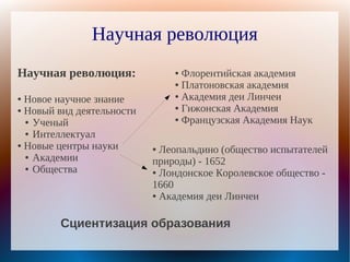 Научная революция
Научная революция:             ● Флорентийская академия
                               ● Платоновская академия

                               ● Академия деи Линчеи
● Новое научное знание
                               ● Гижонская Академия
● Новый вид деятельности
                               ● Французская Академия Наук
  ● Ученый

  ● Интеллектуал

● Новые центры науки
                           ● Леопальдино (общество испытателей
  ● Академии
                           природы) - 1652
  ● Общества
                           ● Лондонское Королевское общество -

                           1660
                           ● Академия деи Линчеи




        Сциентизация образования
 