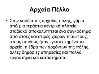 Αρχαία Πέλλα
• Στην καρδιά της αρχαίας πόλης, γύρω
  από μια τεράστια κεντρική πλατεία,
  σταδιακά αποκαλύπτεται ένα συγκρότημα
  από στοές και σειρές χώρων πίσω τους,
  στους οποίους ήταν εγκατεστημένα τα
  αρχεία, η έδρα των αρχόντων της πόλης,
  άλλες δημόσιες υπηρεσίες και πολλά
  εργαστήρια και καταστήματα.
 