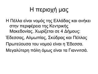 Η περιοχή μας
Η Πέλλα είναι νομός της Ελλάδας και ανήκει
 στην περιφέρεια της Κεντρικής
 Μακεδονίας. Χωρίζεται σε 4 Δήμους:
Έδεσσας, Αλμωπίας, Σκύδρας και Πέλλας
Πρωτεύουσα του νομού είναι η Έδεσσα.
Μεγαλύτερη πόλη όμως είναι τα Γιαννιτσά.
 