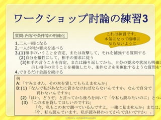 ワークショップ討論の練習3
質問:内容や条件等の明確化                               これは練習です。
                                           本気になって喧嘩に
1.二人一組になる                                    ならないように
2.一人が何か要求を述べる
3.(1)相手のいうことを否定、または攻撃して、それを補強する質問する
  (2)自分を犠牲にして、相手の要求に従う
   (3)相手の言うことを肯定、または繰り返してから、自分の要求や状況も明確に
       示し相手の言うことを補強したり、条件などを明瞭化するような質問をす
4.できるだけ会話を続ける
例
A:「すみません。その本を貸してもらえませんか」
B:(1)「なんで私があなたに貸さなければならないんですか。なんで自分で
         買わないんですか」
  (2)「はい、どうぞ」と言ってから後ろを向いて「今私も読みたいのに」とつぶ
   (3) 「この本を貸してほしいのですね」
        「今、私もこの本で調べているんですよ。一緒に見ませんか」または、
        「今、私も読んでいます。私が読み終わってからで良いですか」 9
                ⒸMinoru Uchida@lbsstudio
 