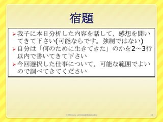 宿題
 我子に本日分析した内容を話して、感想を聞い
  てきて下さい(可能ならです。強制ではない)
 自分は「何のために生きてきた」のかを2～3行
  以内で書いてきて下さい
 今回選択した仕事について、可能な範囲でよい
  ので調べてきてください




         ⒸMinoru Uchida@lbsstudio   22
 