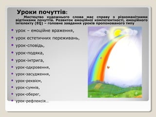 Уроки почуттів:
         Мистецтво художнього слова має справу з різноманітними
    відтінками почуттів. Розвиток емоційної компетентності, емоційного
    інтелекту (EQ) – головне завдання уроків пропонованого типу

   урок – емоційне враження,
   урок естетичних переживань,
   урок-сповідь,
   урок-подяка,
   урок-інтрига,
   урок-одкровення,
   урок-засудження,
   урок-реквієм,
   урок-сумнів,
   урок-оберег,
   урок-рефлексія…
 