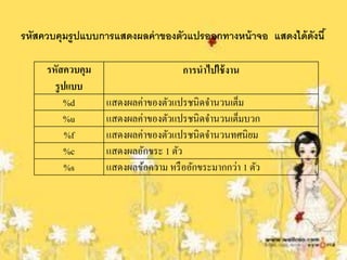 รหัสควบคุมรู ปแบบการแสดงผลค่ าของตัวแปรออกทางหน้ าจอ แสดงได้ ดังนี ้

     รหัสควบคุม                      การนาไปใช้ งาน
       รู ปแบบ
           %d      แสดงผลค่าของตัวแปรชนิดจานวนเต็ม
           %u      แสดงผลค่าของตัวแปรชนิดจานวนเต็มบวก
           %f      แสดงผลค่าของตัวแปรชนิดจานวนทศนิยม
           %c      แสดงผลอักขระ 1 ตัว
           %s      แสดงผลข้อความ หรื ออักขระมากกว่า 1 ตัว
 