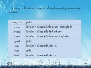 ตัวอย่างการตังชื่อตัวแปรในภาษา C ทังที่ถกต้ องและไม่ถกต้ องตามหลักการ
               ้                     ้ ู               ู
แสดงดังนี ้

  bath_room    ถูกต้อง
    n-sync     ผิดหลักการ เนื่องจากมีเครื่ องหมาย - ปรากฏในชื่อ
   108dots     ผิดหลักการ เนื่องจากขึ้นต้นด้วยตัวเลข
    Year#                                              ่
               ผิดหลักการ เนื่องจากมีเครื่ องหมาย # อยูในชื่อ
    _good      ถูกต้อง
     goto      ผิดหลักการ เนื่องจากเป็ นคาสงวน
     work      ถูกต้อง
    break      ผิดหลักการ เนื่องจากเป็ นคาสงวน
 