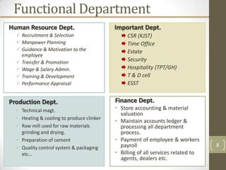 Functional Department
Human Resource Dept.                       Important Dept.
   Recruitment & Selection                     CSR (KJST)
   Manpower Planning                           Time Office
   Guidance & Motivation to the                Estate
    employee
   Transfer & Promotion                        Security
   Wage & Salary Admin.                        Hospitality (TPT/GH)
   Training & Development                      T & D cell
   Performance Appraisal                       ESST


Production Dept.                           Finance Dept.
  • Technical magt.                        • Store accounting & material
                                             valuation
  • Heating & cooling to produce clinker
                                           • Maintain accounts ledger &
  • Raw mill used for raw materials          processing all department
    grinding and drying.                     process.
  • Preparation of cement                  • Payment of employee & workers
  • Quality control system & packaging       payroll                              8
    etc…                                   • Billing of all services related to
                                             agents, dealers etc.
 