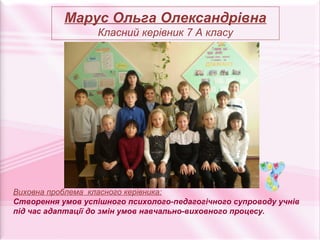 Марус Ольга Олександрівна
                  Класний керівник 7 А класу




Виховна проблема класного керівника:
Створення умов успішного психолого-педагогічного супроводу учнів
під час адаптації до змін умов навчально-виховного процесу.
 