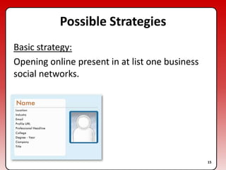 Possible StrategiesBasic strategy:Opening online present in at list one business social networks.15