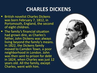 CHARLES DICKENS
 British novelist Charles Dickens
was born February 7, 1812, in
Portsmouth, England, the second
of eight children.
 The family’s financial situation
had grown dire, as Charles’s
father, John Dickens was always
living beyond the family’s means.
In 1822, the Dickens family
moved to Camden Town, a poor
neighborhood in London. John
was then sent to prison for debt
in 1824, when Charles was just 12
years old. All the family, except
Charles, went with him.
 