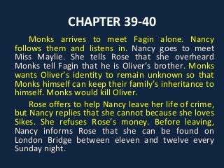 CHAPTER 39-40
Monks arrives to meet Fagin alone. Nancy
follows them and listens in. Nancy goes to meet
Miss Maylie. She tells Rose that she overheard
Monks tell Fagin that he is Oliver’s brother. Monks
wants Oliver’s identity to remain unknown so that
Monks himself can keep their family’s inheritance to
himself. Monks would kill Oliver.
Rose offers to help Nancy leave her life of crime,
but Nancy replies that she cannot because she loves
Sikes. She refuses Rose’s money. Before leaving,
Nancy informs Rose that she can be found on
London Bridge between eleven and twelve every
Sunday night.
 