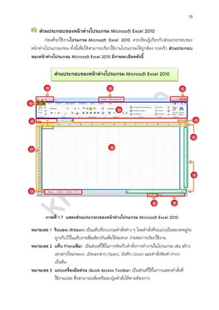 19
ส่วนประกอบของหน้าต่างโปรแกรม Microsoft Excel 2010
ก่อนที่จะใช้งานโปรแกรม Microsoft Excel 2010 ควรเรียนรู้เกี่ยวกับส่วนประกอบของ
หน้าต่างโปรแกรมก่อน ทั้งนี้เพื่อให้สามารถเรียกใช้งานเครื่องมือ คาสั่งต่าง ๆ ของโปรแกรมได้
ถูกต้องและรวดเร็ว ส่วนประกอบของหน้าต่างโปรแกรม Microsoft Excel 2010 มีรายละเอียด
ดังนี้
ส่วนประกอบของหน้าต่างโปรแกรม Microsoft Excel 2010
ภาพที่ 1.7 แสดงส่วนประกอบของหน้าต่างโปรแกรม Microsoft Excel 2010
หมายเลข 1 ริบบอน (Ribbon) เป็นแท็บที่รวบรวมคาสั่งต่าง ๆ โดยคาสั่งที่จะแบ่งเป็นหมวดหมู่
จะถูกเก็บไว้ในแท็บรายชื่อเดียวกันเพื่อให้สะดวก ง่ายต่อการเรียกใช้งาน
หมายเลข 2 แท็บ File(แฟ้ม) เป็นส่วนที่ใช้ในการจัดเก็บคาสั่งการทางานในโปรแกรม เช่น
สร้างเอกสารใหม่(New), เปิดเอกสาร (Open), บันทึก (Save) และคาสั่งพิมพ์ (Print)
เป็นต้น
หมายเลข 3 แถบเครื่องมือด่วน (Quick Access Toolbar) เป็นส่วนที่ใช้ในการแสดงคาสั่งที่
ใช้งานบ่อย ซึ่งสามารถเพิ่มหรือลบปุ่มคาสั่งได้ตามต้องการ
 