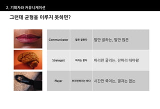 2. 기획자와 커뮤니케이션

 그런데 균형을 이루지 못하면?



                 Communicator    말은 잘한다     말만 잘하는, 말만 많은




                   Strategist    머리는 좋다     머리만 굴리는, 잔머리 대마왕




                    Player      부지런하기는 하다   시간만 죽이는, 결과는 없는
 