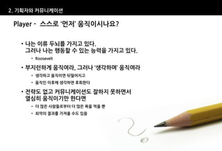 2. 기획자와 커뮤니케이션

 Player - 스스로 ‘먼저’ 움직이시나요?

   • 나는 이류 두뇌를 가지고 있다.
     그러나 나는 행동할 수 있는 능력을 가지고 있다.
     • Roosevelt

   • 부지런하게 움직여라, 그러나 ‘생각하며’ 움직여라
     • 생각하고 움직이면 뒤떨어지고
     • 움직인 이후에 생각하면 후회한다

   • 전략도 없고 커뮤니케이션도 잘하지 못하면서
     열심히 움직이기만 한다면
     • 더 많은 사람들로부터 더 많은 욕을 먹을 뿐
     • 최악의 결과를 가져올 수도 있음
 