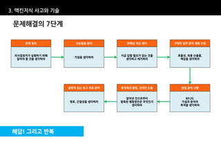 3. 맥킨지식 사고와 기술

 문제해결의 7단계

     문제 정의           이슈들을 분리          非핵심 이슈 제거       구체적 업무 분석 계획 수립



 의사결정자가 실행하기 위해                     지금 답할 필요가 없는 것을    효율성, 최종 산출물,
                     가설을 생각하라
  알아야 할 것을 생각하라                       생각하고 제거하라         책임을 생각하라




                  설득력 있는 보고 자료 준비   분석력과 종합, 건의안 도출      정밀 분석 시행


                                      알아낸 것으로부터            80:20,
                  명료, 간결성을 생각하라     함축된 행동방안은 무엇인가       가설과 분석의
                                         생각하라            목적을 생각하라




 해답! 그리고 반복
 