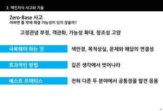 3. 맥킨지식 사고와 기술

 Zero-Base 사고
 어쩌면 틀 밖에 해결 가능성이 있지 않을까?

     고정관념 부정, 객관화, 가능성 확대, 창조성 고양


 극복해야 하는 것             색안경, 목적상실, 문제와 해답의 연결성


 효과적인 방법               깊은 생각에서 벗어나라


 베스트 프랙티스              전혀 다른 두 분야에서 공통점을 발견 응용




                                                 32
 
