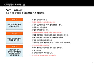 3. 맥킨지식 사고와 기술

 Zero-Base 사고
 어쩌면 틀 밖에 해결 가능성이 있지 않을까?

      사고의 틀          업계의 상식을 의심해 본다.
                     업종에 얽매이는 현상에서 벗어나 본다.
  상식, 입장, 체험, 편견,    자기가 담당하고 있는 부서의 틀에서 벗어나 본다.
   선입견, 고정관념
                     직급을 떠나 생각해 본다.
                     기업의 한계를 벗어나 본다.
                     성공체험을 새로운 전략에 그대로 적용하지 않는다.
      목적 상실
                     실패를 경험했다는 이유로 새로운 시도를 두려워하지 않는다.
                     오랜 경험에서 얻은 자동적인 사고에 빠지지 않는다.
  현상에 얽매여 생각하면
    목적을 잃게 된다        경험이 없어도 두려워하지 않는다.
                     지금까지의 지식을 총동원한 후, 일단 그 모든 지식을 잊어버린다.
                     기업내의 상식을 의심해본다.
      사고의 틀
                     배후에 존재하는 원인이나 문제의 본질을 간파한다.
    문제가 명확하게         골을 설정한다.
  정의되지 않기 때문에,
   해결책이 단락적인         반사적인 대답으로 흐르지 않는다.
    성향을 띄게 됨         잠깐 시간을 둔 뒤에 문제를 정의해 본다.




                                                             33
 
