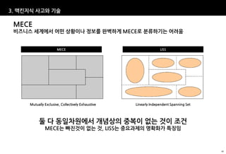 3. 맥킨지식 사고와 기술

 MECE
 비즈니스 세계에서 어떤 상황이나 정보를 완벽하게 MECE로 분류하기는 어려움


                      MECE                                       LISS




     Mutually Exclusive, Collectively Exhaustive   Linearly Independent Spanning Set




          둘 다 동일차원에서 개념상의 중복이 없는 것이 조건
              MECE는 빠진것이 없는 것, LISS는 중요과제의 명확화가 특징임



                                                                                       41
 