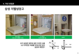 4. TRIZ 방법론


 삼성 지펠냉장고




             대우 냉장고                LG 냉장고
                                               삼성은?
        2개의 Bar가 연결된 지지대         하나의 Bar를 이용




                   초기 삼성은 대우와 같은 디자인 사용
                   LG 디자인은 비용을 50%이상 감소
                               삼성의 대안은?


                                                      58
 