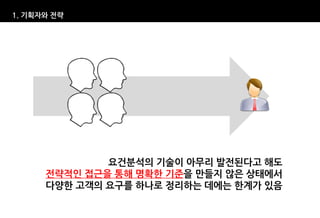 1. 기획자와 전략




              요건분석의 기술이 아무리 발전된다고 해도
      전략적인 접근을 통해 명확한 기준을 만들지 않은 상태에서
      다양한 고객의 요구를 하나로 정리하는 데에는 한계가 있음
 