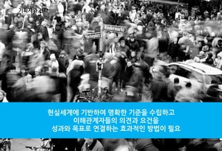1.   기획자와 전략




           현실세계에 기반하여 명확한 기준을 수립하고
                이해관계자들의 의견과 요건을
            성과와 목표로 연결하는 효과적인 방법이 필요
 
