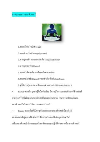 อาชญากรทางคอมพิวเตอร์




       1. พวกเด็กหัดใหม่ (Novice)

       2. พวกวิกลจริ ต (Deranged persons)

       3. อาชญากรที่รวมกลุ่มกระทาผิด (Organized crime)

       4. อาชญากรอาชีพ (Career)

       5. พวกหัวพัฒนา มีความก้าวหน้า(Con artists)

       6. พวกคลังลัทธิ (Dremer) / พวกช่างคิดช่างฝัน(Ideologues)
                ่

       7. ผูที่มีความรู้และทักษะด้านคอมพิวเตอร์อย่างดี (Hacker/Cracker )
            ้

•      Hacker หมายถึง บุคคลผูที่เป็ นอัจฉริ ยะ มีความรู้ในระบบคอมพิวเตอร์ เป็ นอย่างดี
                             ้

สามารถเข้าไปถึงข้อมูลในคอมพิวเตอร์ โดยเจาะผ่านระบบ รักษาความปลอดภัยของ

คอมพิวเตอร์ ได้ แต่อาจไม่แสวงหาผลประโยชน์

•      Cracker หมายถึง ผูที่มีความรู้และทักษะทางคอมพิ วเตอร์เป็ นอย่างดี
                         ้

จนสามารถเข้าสู่ระบบได้ เพื่อเข้าไปทาลายหรื อลบแฟ้ มข้อมูล หรื อทาให้

เครื่ องคอมพิวเตอร์ เสี ยหายรวมทั้งการทาลายระบบปฏิบติการของเครื่ องคอมพิวเตอร์
                                                   ั
 