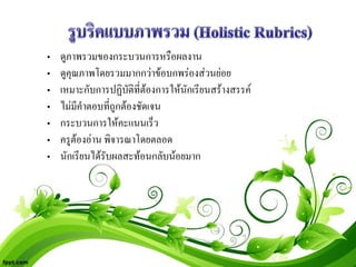 •   ดูภาพรวมของกระบวนการหรือผลงาน
•   ดูคุณภาพโดยรวมมากกวาขอบกพรองสวนยอย
•   เหมาะกับการปฏิบัติที่ตองการใหนักเรียนสรางสรรค
•   ไมมีคําตอบที่ถูกตองชัดเจน
•   กระบวนการใหคะแนนเร็ว
•   ครูตองอาน พิจารณาโดยตลอด
•   นักเรียนไดรับผลสะทอนกลับนอยมาก
 