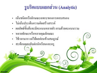 •   เนนชนิดหรือลักษณะเฉพาะของการตอบสนอง
•   ไมเนนประเด็นความคิดสรางสรรค
•   ผลลัพธขั้นตนจะมีคะแนนหลายตัว ตามดวยคะแนนรวม
•   หลายทักษะหรือหลายคุณลักษณะ
•   ใชเวลามาก แตไดผลคอนขางสมบูรณ
•   สะทอนผลกลับตอนักเรียนและครู
 