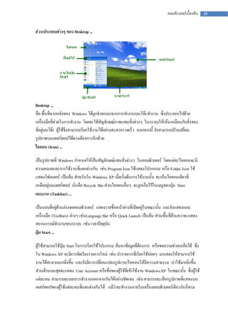 คอมพิวเตอร์เบื้องต้น   19



ส่วนประกอบต่างๆ ของ Desktop ...




Desktop ...
คือ พื้นที่ฉากหลังของ Windows ได้ถูกจาลองมาจากการทางานบนโต๊ะทางาน ซึ่งประกอบไปด้วย
เครื่องมือที่ช่วยในการทางาน โดยจะใช้สัญลักษณ์ภาพแทนสิ่งต่างๆ ในระบบให้เห็นเหมือนกับสิ่งของ
ที่อยู่บนโต๊ะ ผู้ใช้จึงสามารถเรียกใช้งานได้อย่างสะดวกรวดเร็ว นอกจากนี้ ยังสามารถปรั บเปลี่ยน
รูปภาพบนเดสก์ทอปได้ตามต้องการอี กด้ วย
ไอคอน (Icon) ...

เป็นรูปภาพที่ Windows กาหนดให้เป็นสัญลักษณ์แทนสิ่งต่างๆ ในคอมพิวเตอร์ โดยแต่ละไอคอนจะมี
ความหมายและการใช้งานที่แตกต่างกัน เช่น Program Icon ใช้แสดงโปรแกรม หรือ Folder Icon ใช้
แสดงโฟลเดอร์ เป็นต้น สาหรับใน Windows XP เมื่อเริ่มต้นการใช้งานนั้น จะเห็นไอคอนเดียวที่
เหลืออยู่บนเดสก์ทอป นั่นคือ Recycle Bin ส่วนไอคอนอื่นๆ จะถูกเก็บไว้ในเมนูของปุ่ม Start
แถบงาน (Taskbar) ...

เป็นแถบที่อยู่ด้านล่างจอคอมพิวเตอร์ แสดงรายชื่อหน้าต่างที่เปิดอยู่ในขณะนั้น และยังแสดงแถบ
เครื่องมือ (Toolbars) ต่างๆ เช่นLanguage Bar หรือ Quick Launch เป็นต้น ส่วนพื้นที่ด้านขวาจะแสดง
สถานการณ์ทางานของระบบ เช่น เวลาปัจจุบัน
ปุ่ม Start ...

ผู้ใช้สามารถใช้ปุ่ม Start ในการเรียกใช้โปรแกรม ค้นหาข้อมูลที่ต้องการ หรือขอความช่วยเหลือได้ ซึ่ง
ใน Windows XP จะมีการจัดเรียงรายการใหม่ เช่น นารายการที่เรียกใช้บ่อยๆ มาแสดงให้สามารถใช้
งานได้สะดวกมากยิ่งขึ้น และยังมีการเปลี่ยนแปลงรูปแบบไอคอนให้มีความสวยงาม น่าใช้มากยิ่งขึ้น
ส่วนด้านบนสุดจะแสดง User Account หรือชื่อของผู้ใช้ที่เข้าใช้งาน Windows.XP ในขณะนั้น ซึ่งผู้ใช้
แต่ละคน สามารถจะแยกการทางานออกจากกันได้ อย่างชัดเจน เช่น สามารถจะเลือกรูปภาพที่แสดงบน
เดสก์ทอปของผู้ใช้แต่ละคนที่แตกต่างกันได้ แม้ว่าจะทางานภายในเครื่องคอมพิวเตอร์เดี ยวกันก็ ตาม
 