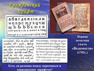 Гражданский
   шрифт



                                       Первая
                                      печатная
                                       газета
                                    «Ведомости»
                                      (1702г.)



Есть ли разница между церковным и
      гражданским шрифтом?
 