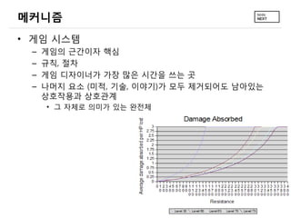 메커니즘
• 게임 시스템
 –   게임의 근간이자 핵심
 –   규칙, 절차
 –   게임 디자이너가 가장 많은 시간을 쓰는 곳
 –   나머지 요소 (미적, 기술, 이야기)가 모두 제거되어도 남아있는
     상호작용과 상호관계
     • 그 자체로 의미가 있는 완전체
 
