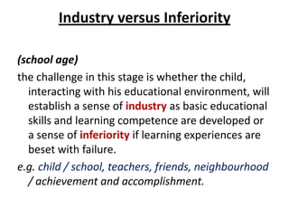 Industry versus Inferiority

(school age)
the challenge in this stage is whether the child,
  interacting with his educational environment, will
  establish a sense of industry as basic educational
  skills and learning competence are developed or
  a sense of inferiority if learning experiences are
  beset with failure.
e.g. child / school, teachers, friends, neighbourhood
  / achievement and accomplishment.
 