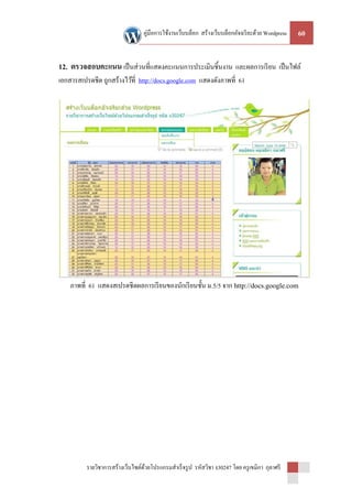 คู่มือการใช้งานเว็บบล็อก สร้างเว็บบล็อกอัจฉริ ยะด้วย Wordpress   60


12. ตรวจสอบคะแนน เป็ นส่ วนที่แสดงคะแนนการประเมินชิ้นงาน และผลการเรี ยน เป็ นไฟล์
เอกสารสเปรดชีต ถูกสร้างไว้ที่ http://docs.google.com แสดงดังภาพที่ 61




    ภาพที่ 61 แสดงสเปรดชี ตผลการเรี ยนของนักเรี ยนชั้น ม.5/5 จาก http://docs.google.com




          รายวิชาการสร้างเว็บไซต์ดวยโปรแกรมสาเร็ จรู ป รหัสวิชา ง30247 โดย ครู เขมิกา กุลาศรี
                                  ้
 