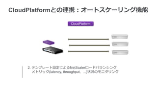 CloudPlatformとの連携：オートスケーリング機能

                       CloudPlatform




    2. テンプレート設定によるNetScalerロードバランシング
       メトリック(latency, throughput, …)状況のモニタリング
 