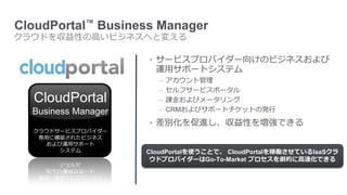 CloudPortal™ Business Manager
クラウドを収益性の高いビジネスへと変える

                     • サービスプロバイダー向けのビジネスおよび
                       運用サポートシステム
                       –   アカウント管理
                       –   セルフサービスポータル
  CloudPortal          –   課金およびメータリング
  Business Manager     –   CRMおよびサポートチケットの発行

                     • 差別化を促進し、収益性を増強できる
  クラウドサービスプロバイダー
   専用に構築されたビジネス
     および運用サポート
        システム         CloudPortalを使うことで、 CloudPortalを稼働させているIaaSクラ
                      ウドプロバイダーはGo-To-Market プロセスを劇的に高速化できる
 