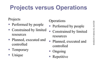 Projects versus Operations
Projects                   Operations




                                                      HASSAN FARAG EL-SAYED
 Performed by people       Performed by people
 Constrained by limited    Constrained by limited
  resources                  resources
 Planned, executed and     Planned, executed and
  controlled                 controlled
 Temporary                 Ongoing
 Unique                    Repetitive
 