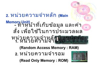 12




2.   หน่ว ยความจำา หลัก       (Main
Memory Unit)
      - ทำา หน้า ที่เ ก็บ ข้อ มูล และคำา
     สั่ง เพื่อ ใช้ใ นการประมวลผล
     หน่ว ยความจำา หลัก มี 2 ชนิด คือ
      1. หน่ว ยความจำา แรม
           (Random Access Memory : RAM)
      2.   หน่ว ยความจำา รอม
           (Read Only Memory : ROM)
 