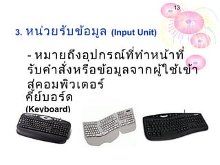 13



3.   หน่ว ยรับ ข้อ มูล   (Input Unit)

     - หมายถึง อุป กรณ์ท ี่ท ำา หน้า ที่
     รับ คำา สัง หรือ ข้อ มูล จากผู้ใ ช้เ ข้า
               ่
     สู่ค อมพิว เตอร์
     คีย ์บ อร์ด
     (Keyboard)
 