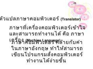 28




ตัว แปลภาษาคอมพิว เตอร์ (Translator)
    ภาษาที่เ ครื่อ งคอมพิว เตอร์เ ข้า ใจ
    และสามารถทำา งานได้ คือ ภาษา
    เครื่อ ง (Machine Language) า ยกับ คำา
     ภาษาคอมพิว เตอร์ คล้
     ในภาษาอัง กฤษ ทำา ให้ส ามารถ
     เขีย นโปรแกรมสัง คอมพิว เตอร์
                      ่
            ทำา งานได้ง ่า ยขึ้น
 