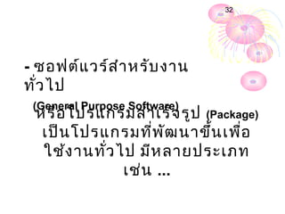 32




- ซอฟต์แ วร์ส ำา หรับ งาน
ทั่ว ไป
 (General Purpose Software)
 หรือ โปรแกรมสำา เร็จ รูป (Package)
  เป็น โปรแกรมทีพ ัฒ นาขึ้น เพื่อ
                   ่
  ใช้ง านทั่ว ไป มีห ลายประเภท
               เช่น ...
 