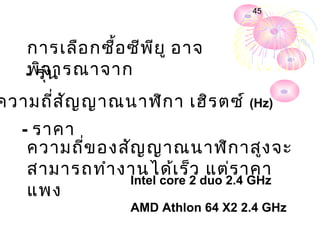 45




   การเลือ กซื้อ ซีพ ีย ู อาจ
   พิจ ารณาจาก
   - รุ่น
ความถี่ส ัญ ญาณนาฬิก า เฮิร ตซ์ (Hz)
   - ราคา
    ความถี่ข องสัญ ญาณนาฬิก าสูง จะ
    สามารถทำา งานได้เ ร็ว แต่ร าคา
                 Intel core 2 duo 2.4 GHz
    แพง
                  AMD Athlon 64 X2 2.4 GHz
 