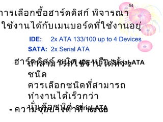 54

กำรเลือ กซื้อ ฮำร์ด ดิส ก์ พิจ ำรณำ
 ใช้ง ำนได้ก ับ เมนบอร์ด ที่ใ ช้ง ำนอยู่
        IDE:   2x ATA 133/100 up to 4 Devices
        SATA: 2x Serial ATA

     ฮำร์ด ดิส ก์ ชนิด IDEำนได้Serial-ATA
        ถ้ำ สำมำรถใช้ง หรือ ท ั้ง 2
        ชนิด
        ควรเลือ กชนิด ที่ส ำมำรถ
        ทำำ งำนได้เ ร็ว กว่ำ
   - ควำมจุออ ชนิด่ำSerial-ATA
        นั่น คื ย่ำ งตำ ที่160 GB
 