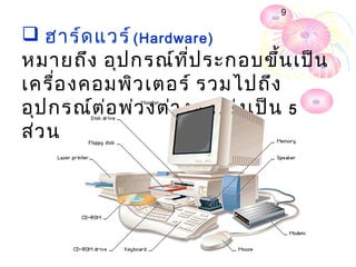 9

 ฮาร์ด แวร์ (Hardware)
หมายถึง อุป กรณ์ท ี่ป ระกอบขึ้น เป็น
เครื่อ งคอมพิว เตอร์ รวมไปถึง
อุป กรณ์ต ่อ พ่ว งต่า งๆ แบ่ง เป็น 5
ส่ว น
 
